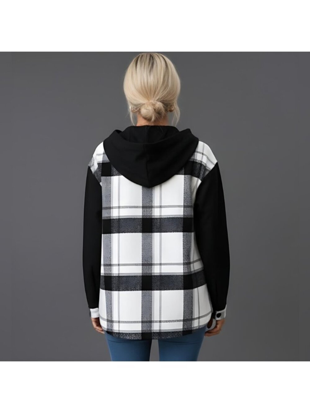 Plaid Print Drop Shoulder Hooded Shirt - Picture 3 of 9